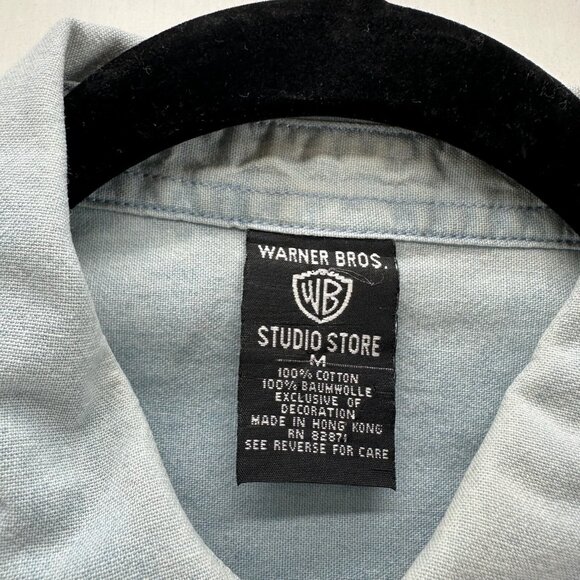 Warner Bros Studio Store Shirt Mens M Button Up Duffy Duck Denim Vtg Light Blue - Picture 13 of 14